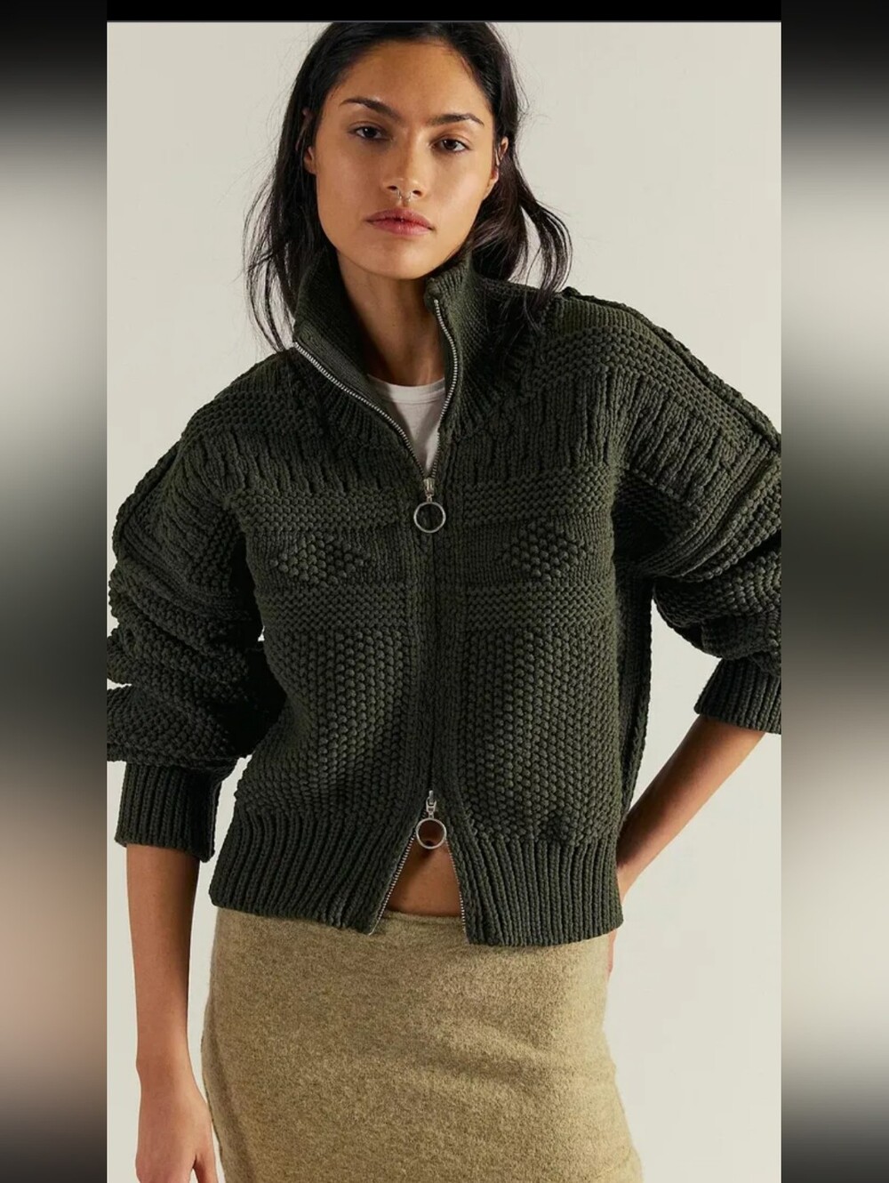Dark Olive Knit Zip-Front Women's Jacket
